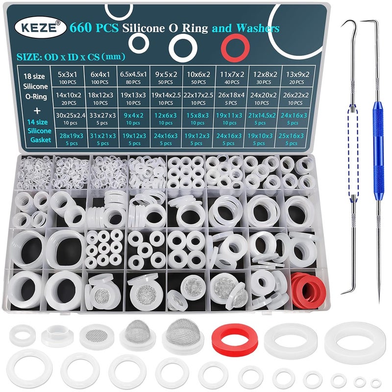 Keze 660 PCS 18 Size Clear Food Grade Silicone O Ring Assortment Kit and 14 Size Silicone Washer Set,Silicone O Ring for Seal Plumbing Faucet Hose - Image 1